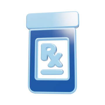 3D glossy blue prescription medicine pill bottle icon with rx label on transparent background isolated on a transparent background
