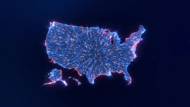 Digital American map radiates streams sparkling points speed 19 composition. internet traffic, wireless communication systems, logistics, information exchange, automation future network
