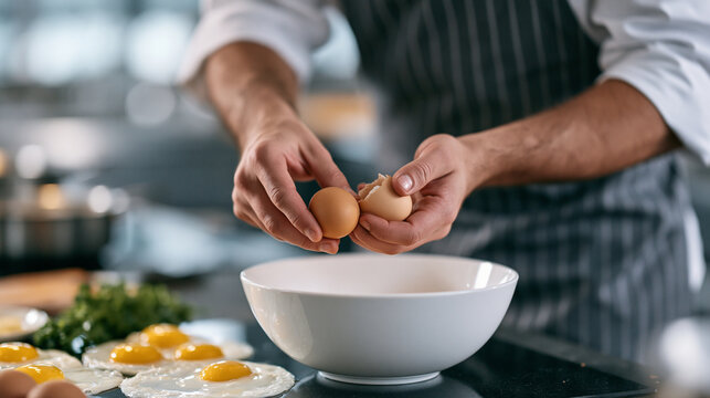 Closeup chef cracking eggs into bowl han 1