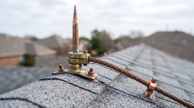 Copper lightning rod mounted on textured roof shingle surface showing electrical grounding component designed for home safety and lightning strike damage protection.