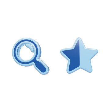 3D rendered glossy blue magnifying glass and star icons isolated on a plain dark background, for ui blue icons isolated on a transparent background