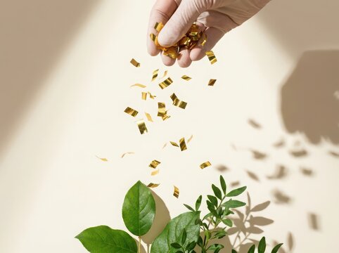 Hand Releasing Gold Confetti with Green Leaves on Minimal Background