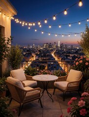 Fototapeta premium Cozy rooftop terrace with wicker chairs, marble table at dusk. String lights hang above patio seating overlooking urban city skyline. Modern balcony with green plants, flowers offers relaxing view of