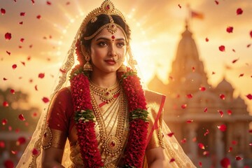 Fototapeta premium Portrait of Hindu goddess Sita adorned with flower garland on Navami, divine golden light, falling petals, puja ceremony, cultural heritage, traditional ritual, spiritual celebration, Hindu