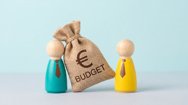 Budget money bag with euro symbol between two wooden figures representing people