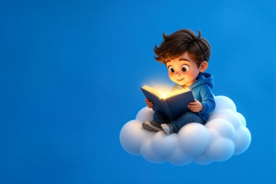 Little boy reading glowing book while sitting on cloud