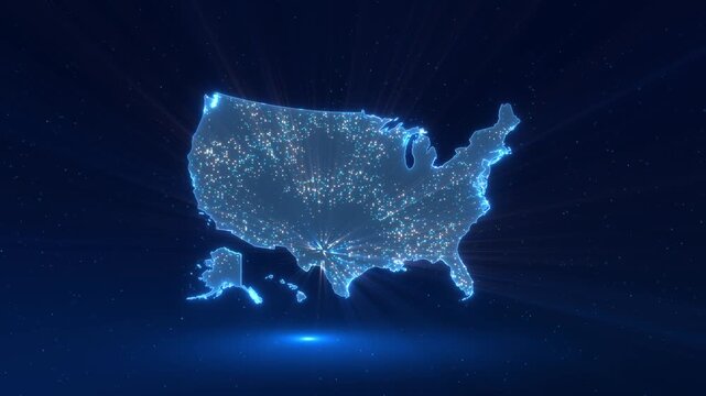 American digital map sends streams particles dramatic high speed network effect. internet traffic, information exchange, wireless coverage, AI infrastructure, communications, logistics 19