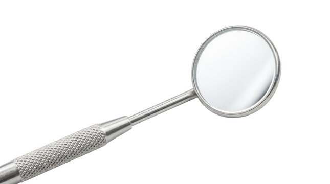 Shiny silver dental mirror with textured handle isolated on transparent background for oral care.