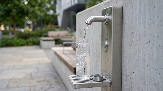 Stainless steel water fountain filling clear bottle in modern outdoor urban setting