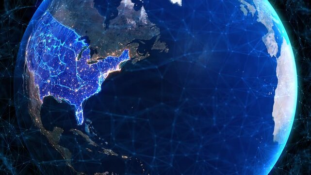 Glowing Earth visualization North America, Europe inside connected digital network. worldwide data exchange, cloud computing, international business, AI infrastructure, logistics global connectivity.