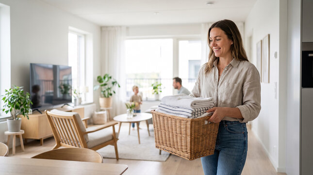 Woman holding laundry basket with clean folded towels in a bright modern home