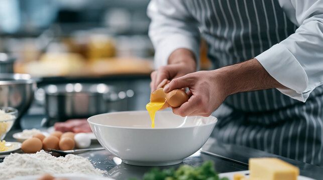 Closeup chef cracking eggs into bowl han 4