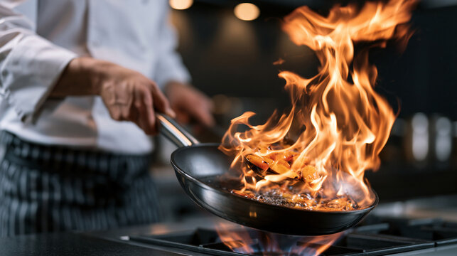 Closeup chef flambing fruit tall flames  3