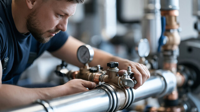 Technician connecting boiler pipes valve 3