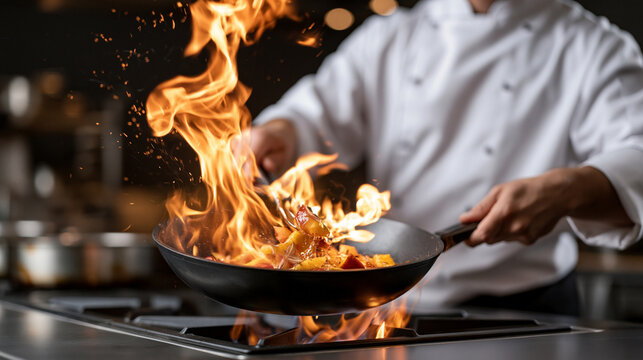 Closeup chef flambing fruit tall flames  4