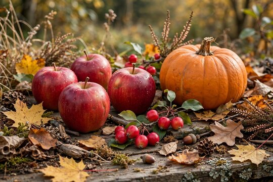 Autumn Background with Fresh Red Apples Orange Pumpkin and Paradise Ap