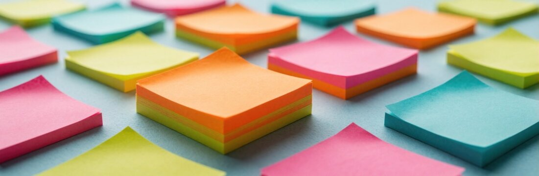 Colorful sticky notes on blue desk surface. Bright paper pads organized for business brainstorming, project planning. Creative team uses multicolored post notes for task management, workflow