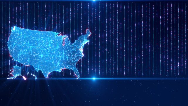 Luminous American map built digital points sits beside signal columns background. data transfer, telecom coverage, cloud infrastructure, machine intelligence, analytics, networking technology media.