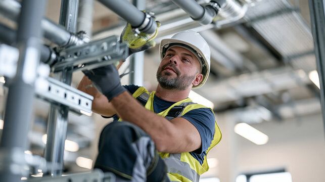 Worker fixing pipe supports metal bracke 4