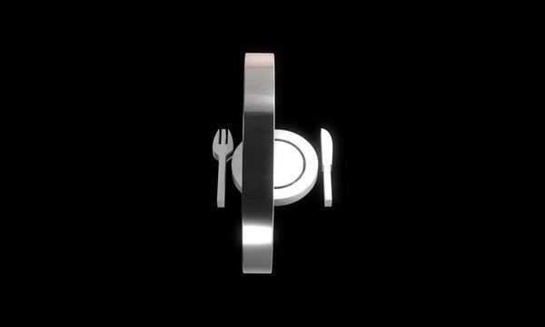 Rotating silver metallic dinner plate icon with fork and knife on black background in 3d motion graphic.