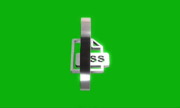 3d spinning css file icon inside chrome ring on green screen background.
