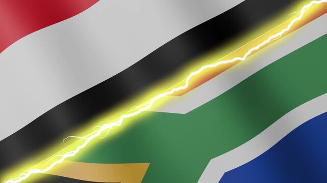 Two waving flags Yemen and South Africa with diagonal lightning seamless, 4k loop