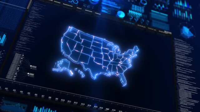 American geographic map displayed digital dashboard analytical charts information . for economic forecasting, market research, public policy, geospatial analysis, enterprise data strategic planning