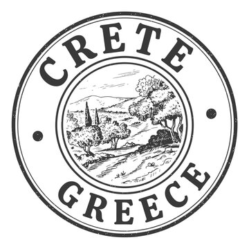 Circular emblem featuring crete and greece landscape illustration on transparent background