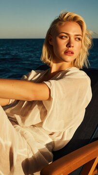 Blonde woman lounges on a yacht in flowing white resortwear, basking in golden sunlight. Editorial summer fashion radiates refined yachting elegance and luxury.