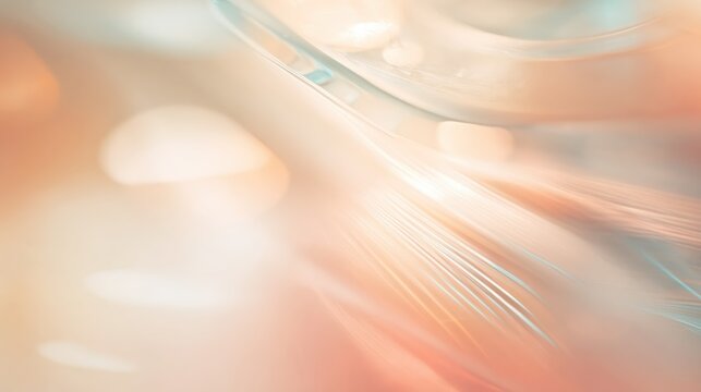 A dreamy abstract of blurred glass edges with glowing peach and ivory reflections. Delicate prismatic light streaks create a soft, airy, and ethereal composition.