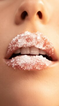 Close-up beauty portrait showcasing sunlit lips adorned with sea salt crystals. Warm golden skin and water droplets evoke luxury, freshness, and radiant summer skincare.