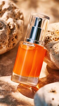 A luminous orange serum bottle rests on warm beige stone, bathed in moody sunlight. Glass reflections and soft shadows evoke a refined, modern skincare luxury.