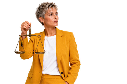 Woman in yellow suit holding scales of justice. Legal profession, law firm, courtroom, balance, fairness, ethics.