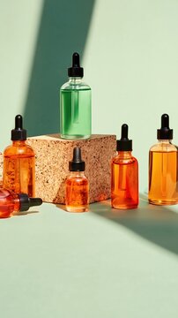 A stylish flat lay of assorted glass dropper bottles in orange and green tones. This modern skincare editorial highlights premium hydration and clean beauty benefits.