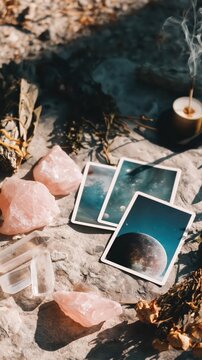 A minimalist ritual altar with rose quartz, clear quartz, and celestial tarot cards on sunlit stone. Dried herbs, sage, and incense evoke calm spiritual energy in warm natural light.