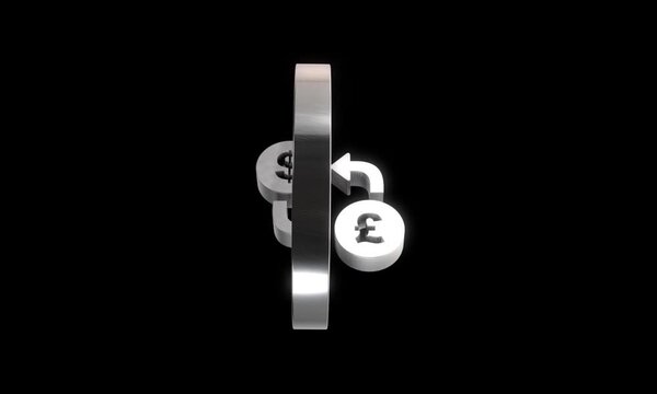 Metallic currency exchange icon rotating on black background with dollar and pound sterling symbols.