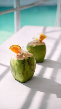 Two coconut cocktails with orange and flower garnishes rest on a white yacht sunpad. Turquoise water and gentle shadows evoke a luxurious, tropical summer mood.