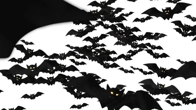 Dark bat silhouettes fly in a dense swarm bright isolated background, dramatic Halloween transition. spooky intros, horror scenes, haunted overlays, October content, and seasonal promotional edits.