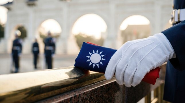 Gloved hand of Taiwanese honor guard holding folded national flag, celebrating armed forces day in Taiwan, presenting military tribute, solemn holiday ceremony, white archway background.