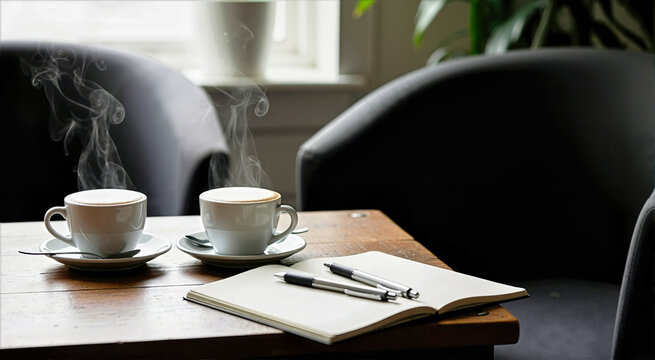 Two steaming cups of cappuccino on a rustic wooden table. Open notebook with pens in a sunlit cafe. Coffeehouse conversation concept