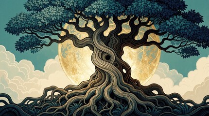 Naklejka premium Large mystical tree with thick twisted roots, blue leaves stands against glowing golden moon. Dreamy fantasy landscape with soft white clouds, turquoise sky. Symbolic nature concept represents
