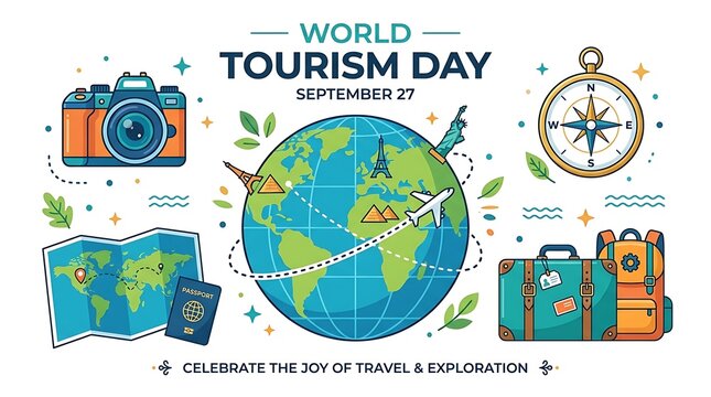 Global Travel and Exploration Graphic Illustration Featuring Iconic Navigation Tools Passport Camera Luggage and World Globe for September Celebration
