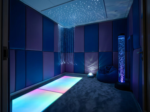 multi-sensory room for special needs therapy | sensory room equipment with fiber optics and bubble tube | relaxing sensory environment for children with autism | indoor Snoezelen room with LED lights