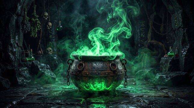 A magical iron cauldron bubbling with glowing green potion and mystical smoke in a dark and mysterious ancient stone dungeon setting