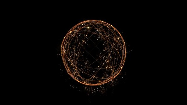 Abstract gold lines sparkling particles form a luminous orb paths. global business, cyber security, neural networks, information exchange, financial technology, virtual systems, research, innovation