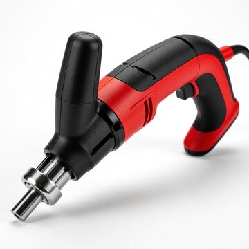Electric riveter tool with red, black body isolated on white background. Corded handheld machine for metalwork, construction tasks. Pro power tool used by handyman technician for fast riveting,