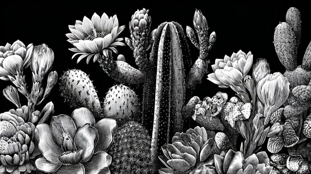 Detailed black and white engraving style illustration showcasing various blooming cacti and succulents isolated against a dark solid background