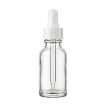 Clear glass dropper bottle for cosmetic serum on transparent background