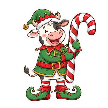 Jolly cartoon elf holding a candy cane with holiday cheer