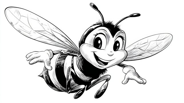 Cute cartoon bee character flying with a happy smiling face illustrated in a detailed black and white ink sketch style